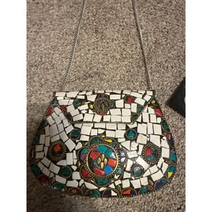 Vintage Mosaic Tile Brass Clutch Crossbody Bag White Multi Stone Boho Evening